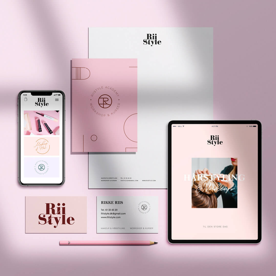Riistyle visual identity stationary layup on light pink background by Camilla Wedege