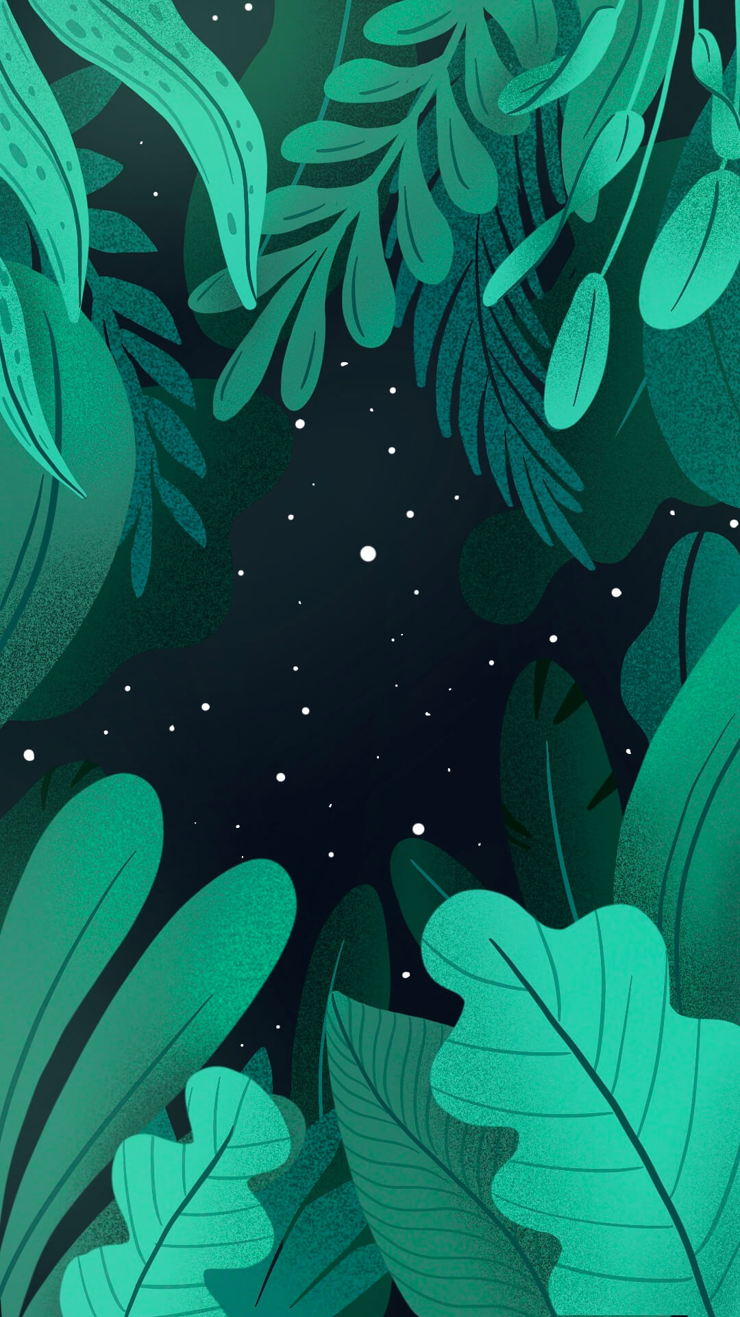 Jungle illustration with green leafs and a starry sky by Camilla Wedege