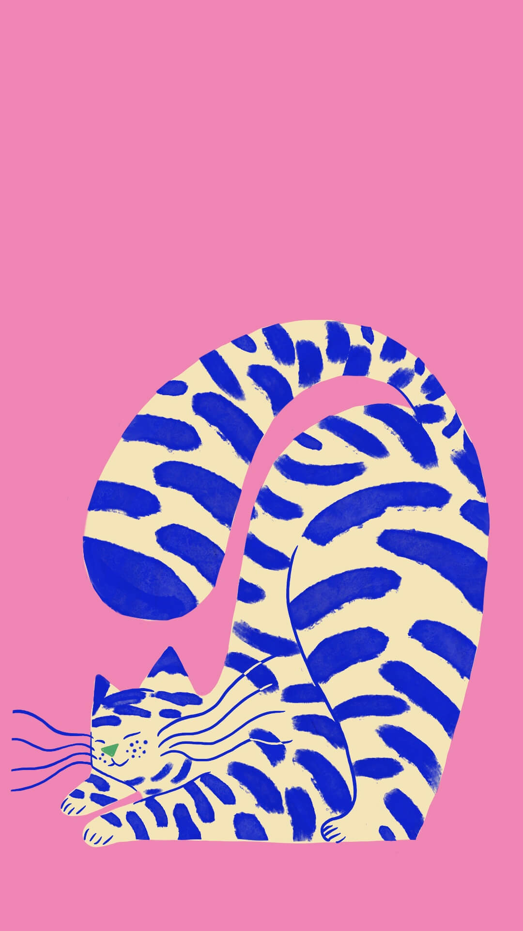 Happy cat in blue stripes on a pink background by Camilla Wedege