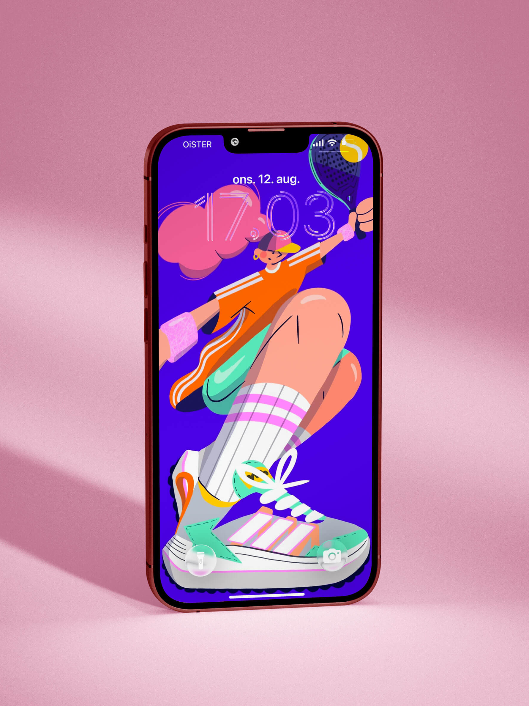 Iphone with illustrated screensaver of a padel girl by Camilla Wedege