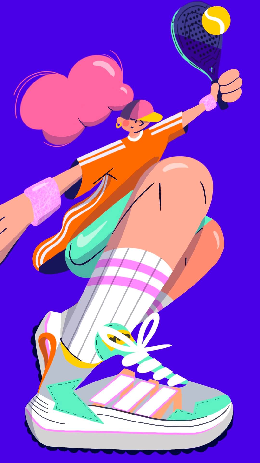 dynamic illustration of a padel girl I vibrant colors by Camilla Wedege