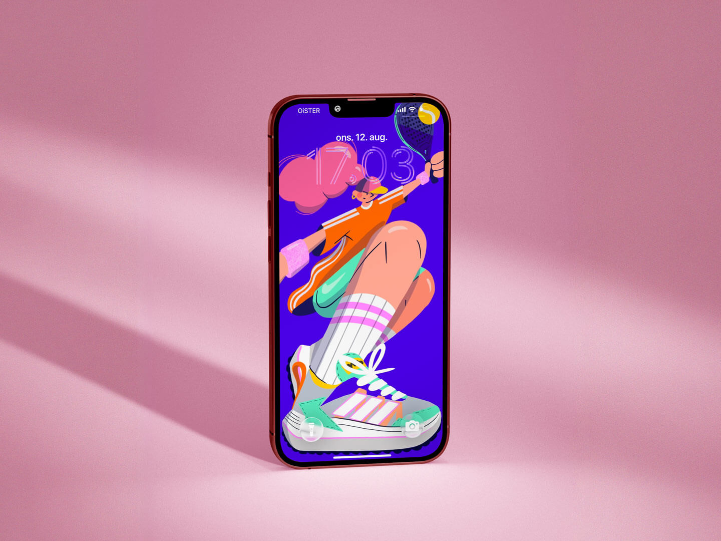 Iphone with illustrated screensaver of a padel girl by Camilla Wedege