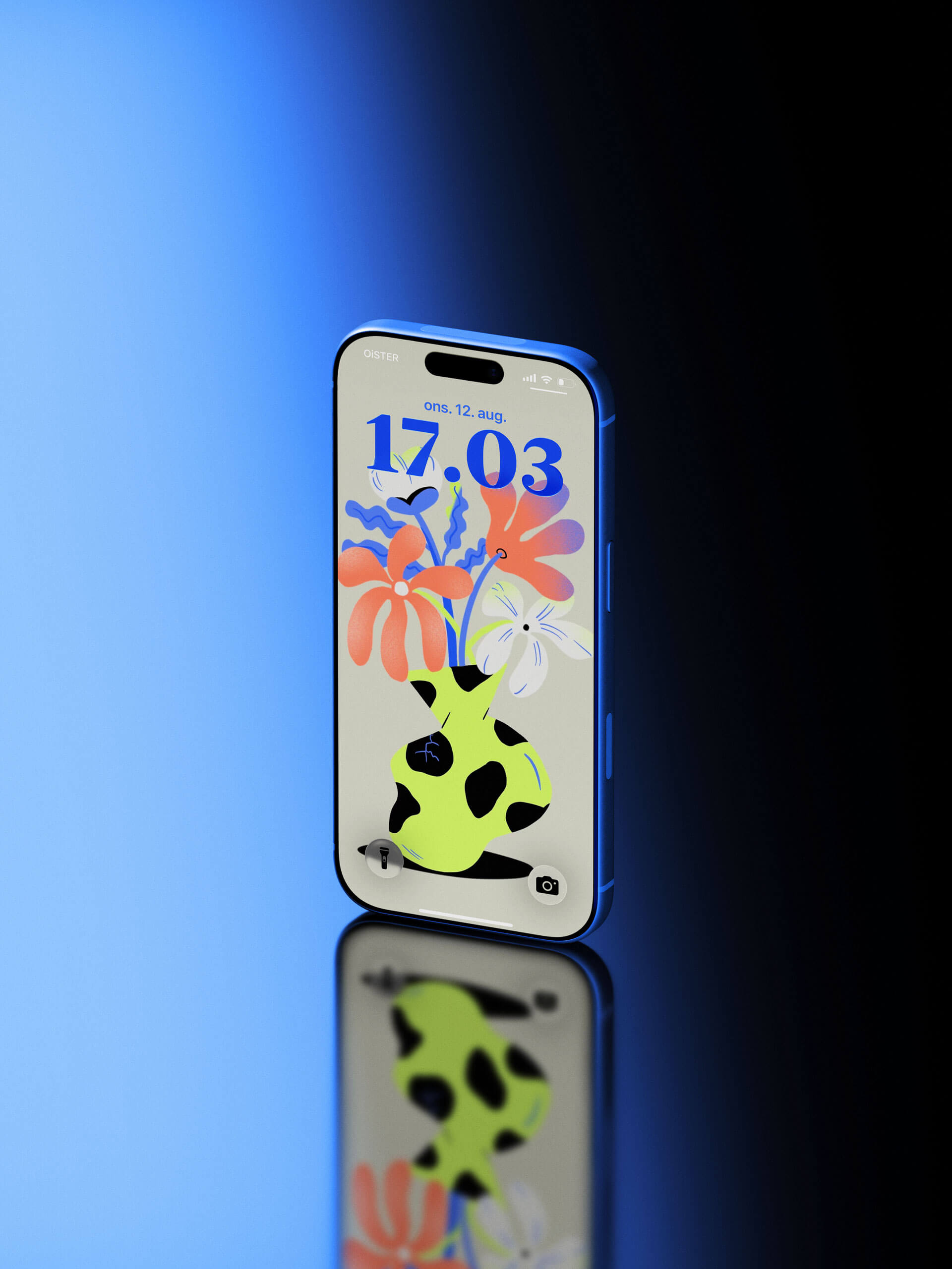 Illustrated screensaver in blue iPhone mockup with reflection by Camilla Wedege