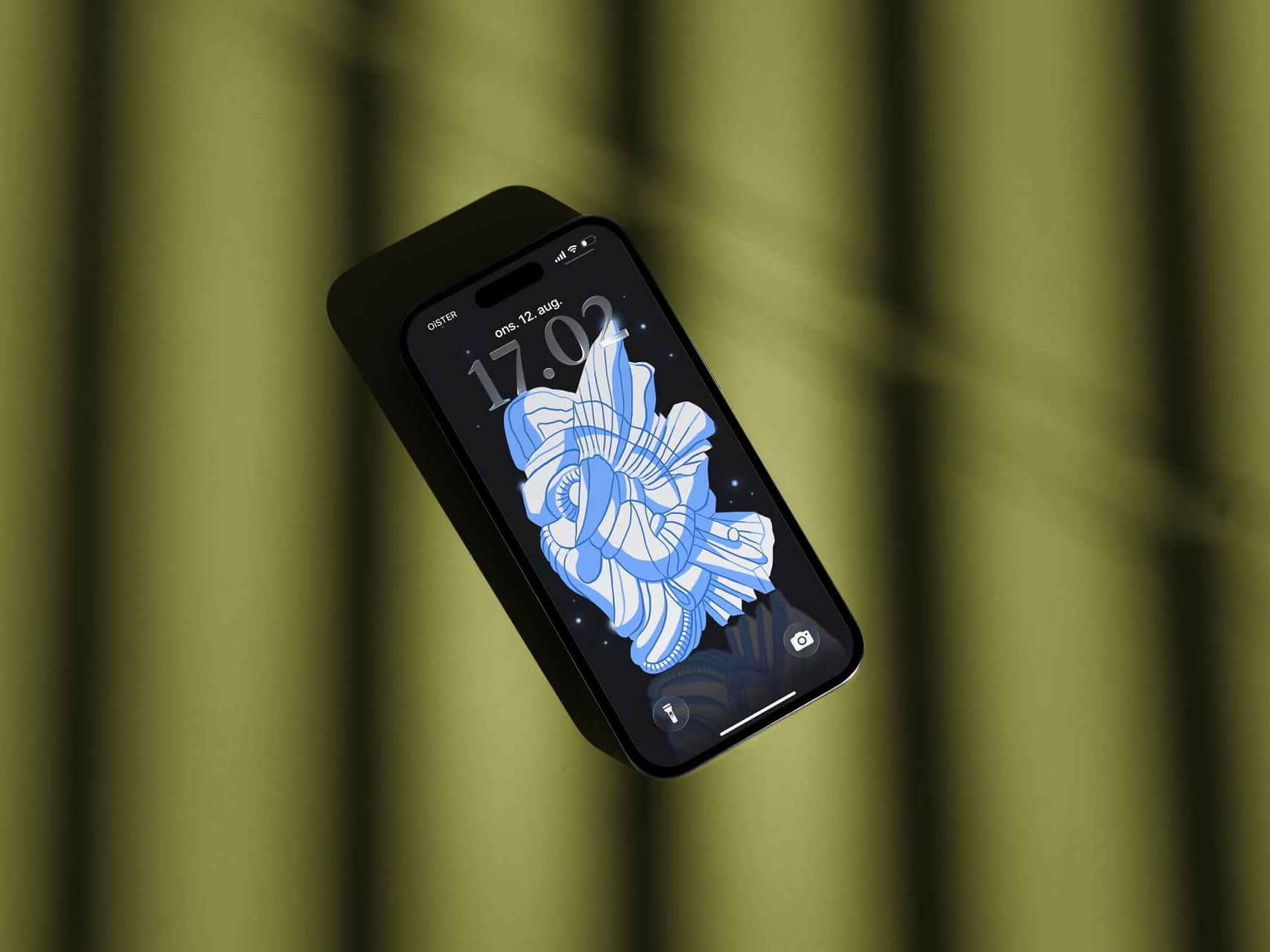 Illustrated screensaver in a iPhone mockup on an olive green background with shadows by Camilla Wedege