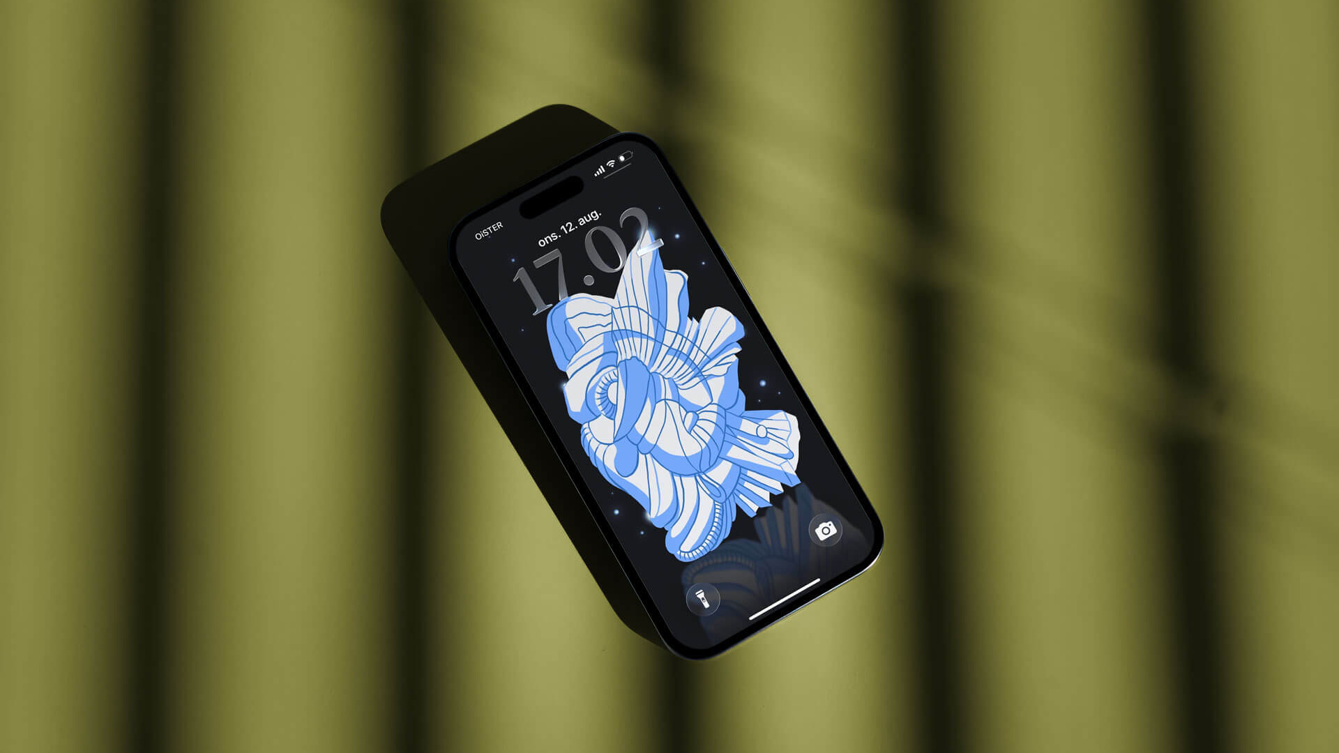 Illustrated screensaver in a iPhone mockup on an olive green background with shadows by Camilla Wedege