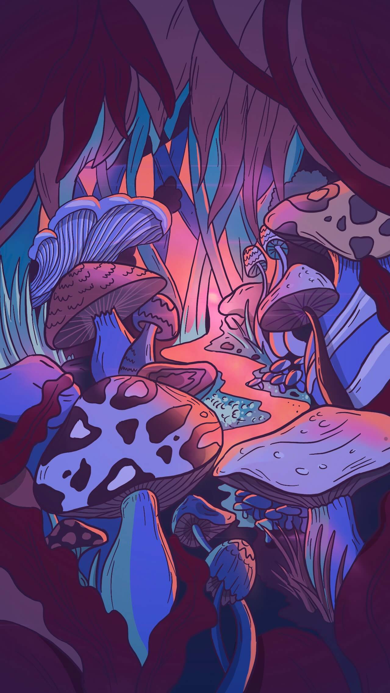 Digital illustration of af dark burgundy mushroom fantasy forrest Illustration of flowers in a wonky vase by Camilla Wedege